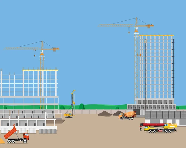 Máquinas pesadas em um edifício de canteiro de obras edifício alto. Guindastes industriais. Ilustração vetorial — Vetor de Stock