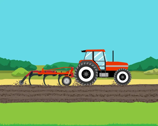 Traktor plöjer ett fält för plantering av grödor. Jordbruk. Vektor illustration — Stock vektor