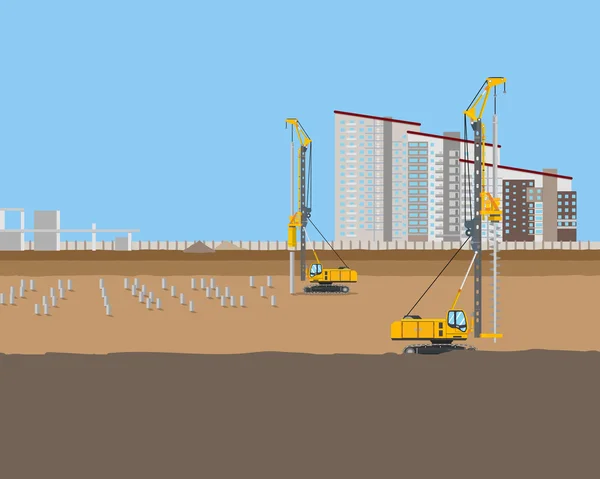 Piling machines installed piles at a construction site for a new home. Vector illustration — Stock Vector