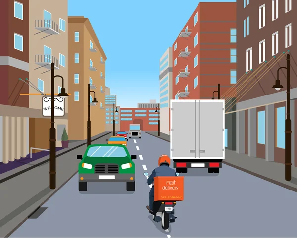 Courrier sur un scooter pressé d'apporter la livraison par le trafic dense de la ville. Illustration vectorielle — Image vectorielle