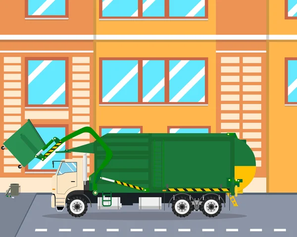 The machine picks up garbage from the yard lifting it with a fork mechanism. Cleaning equipment. Vector illustration — Stock Vector