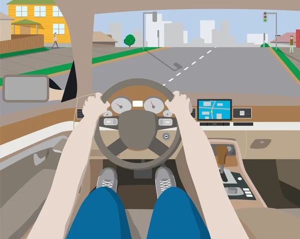 Un uomo che viaggia in auto per il resto della città sul navigatore. Illustrazione vettoriale — Vettoriale Stock