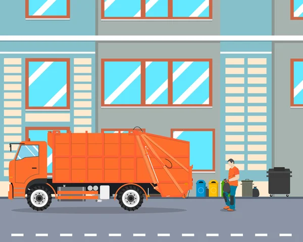 El trabajador recoge basura en un camión de basura para sacarlo de la ciudad. Equipo de limpieza. Ilustración vectorial — Archivo Imágenes Vectoriales