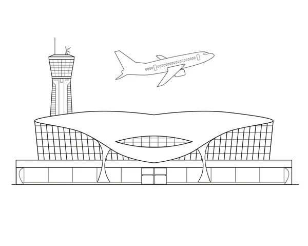 Dünne Linie flache Bauweise. Flugzeug startet vom Flughafen auf einem schönen weißen Hintergrund isoliert. Vektorillustration — Stockvektor