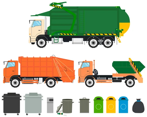 Készlet elszigetelt garbage teherautók, tartályok, fehér alapon. Textiltisztító gépek. Vektoros illusztráció — Stock Vector