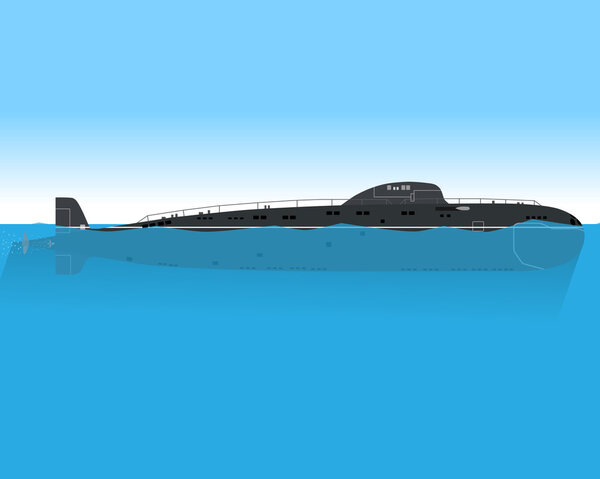 The modern submarine is floating in the sea on a combat mission. Vector illustration