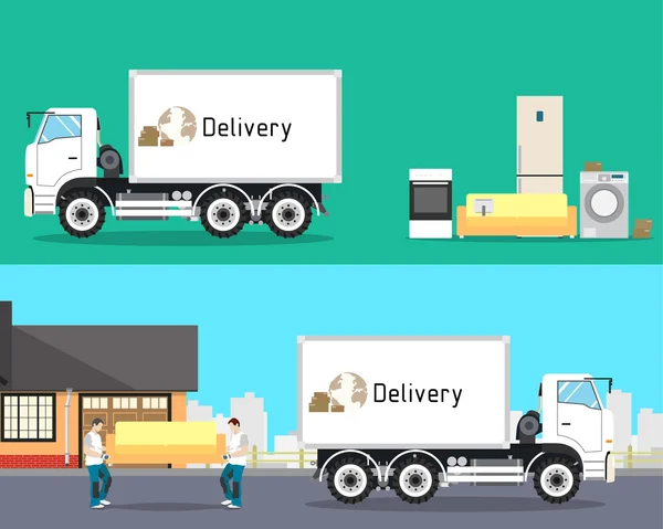 Los cargadores son sofá en un camión para moverse. Muebles en espera de carga. Transporte y Logística. Ilustración vectorial — Vector de stock