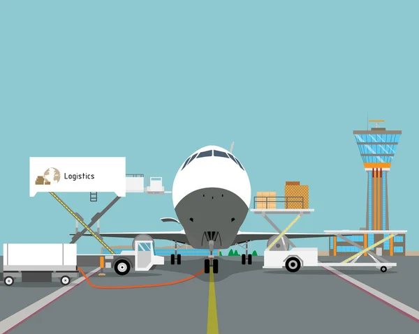Cajas de carga de la plataforma en el avión de carga en el aeropuerto. Ilustración vectorial — Vector de stock