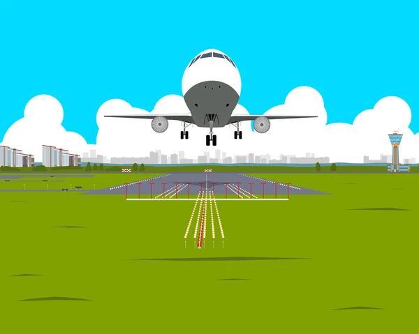 Avión despega desde el aeropuerto por la tarde en un fondo de la ciudad. Ilustración vectorial — Archivo Imágenes Vectoriales