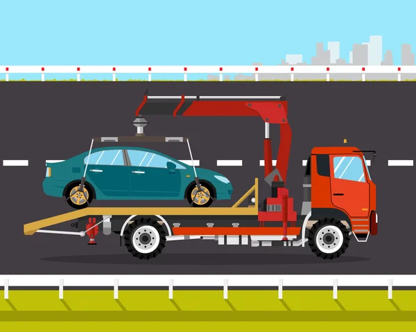 Remolque conducido en el camino de regreso al coche roto de la ciudad. Ilustración vectorial — Vector de stock