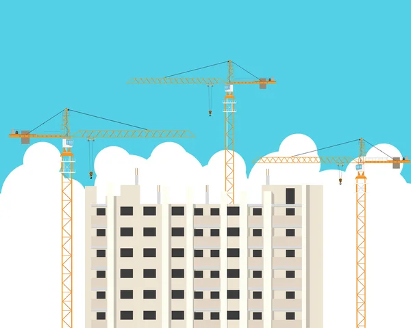 Construcción de edificios de gran altura con la ayuda de grúas. Ilustración vectorial — Vector de stock