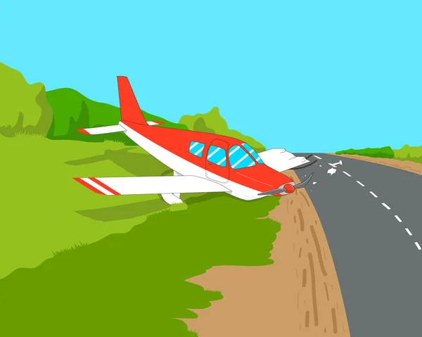 Aviões leves fizeram uma aterrissagem de emergência em uma rodovia. Ilustração vetorial — Vetor de Stock