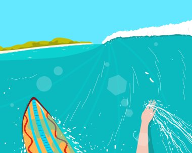 Sörfçü dalgaları plaja yakın fetih doğa sporları yapan. Vektör çizim