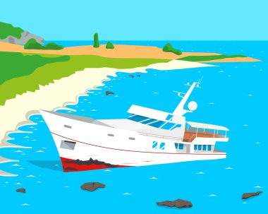 Bir turist geminin kaptanı ihmal nedeniyle karaya oturdu koştu. Vektör çizim