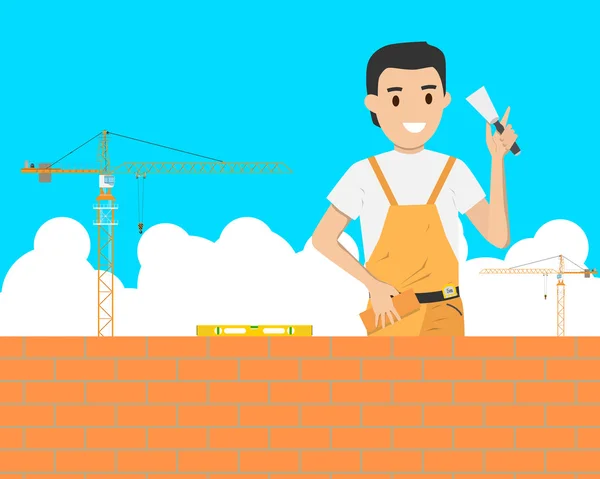 Trabajos de albañilería en la construcción de un edificio en una obra de construcción. Ilustración vectorial — Vector de stock