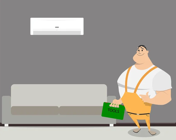 Werknemer permanent de kamer waarin geïnstalleerd een nieuwe air conditioner. Vectorillustratie — Stockvector