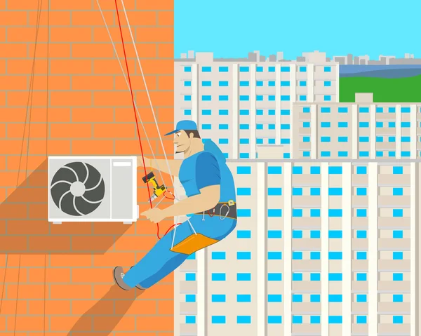 Werk stelt de airconditioner op de buitenmuur van het huis met de hulp van klimmen apparatuur. Vectorillustratie — Stockvector