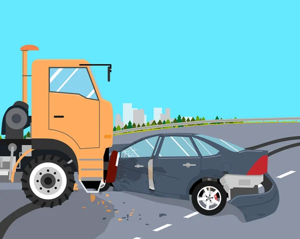 De chauffeur had geen tijd om te vertragen en de auto crashte in een vrachtwagen. Vectorillustratie — Stockvector