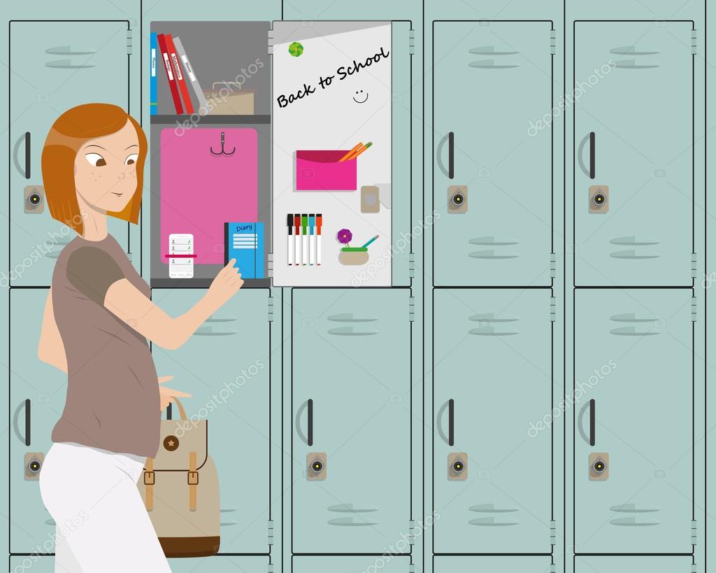 The girl returned to school after the holidays and take textbooks in