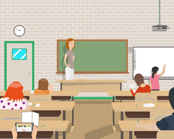 L'insegnante conduce lezioni per bambini in classe, ma non tutti i bambini interessati alla lezione. Illustrazione vettoriale — Vettoriale Stock
