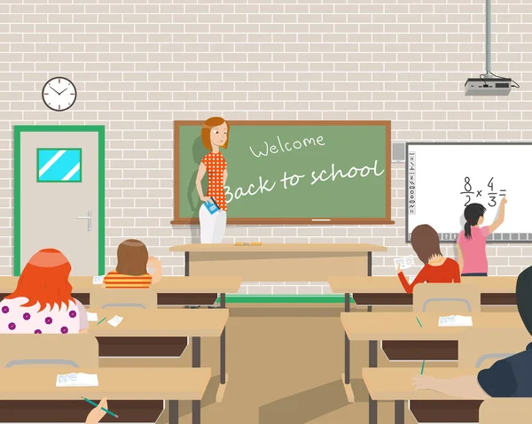 De docent voert klassen voor kinderen in de klas na vakantie. Vectorillustratie — Stockvector