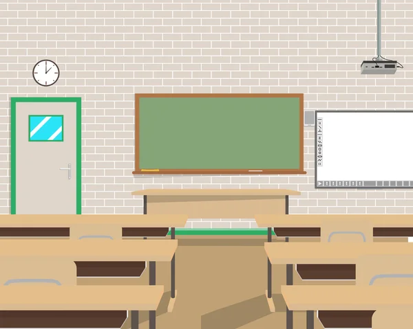 Vista del interior de una escuela moderna habitación sin alumnos. Ilustración vectorial — Vector de stock