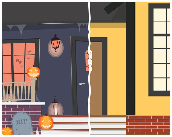 Vista da entrada da casa antes e depois do Halloween. Ilustração vetorial — Vetor de Stock