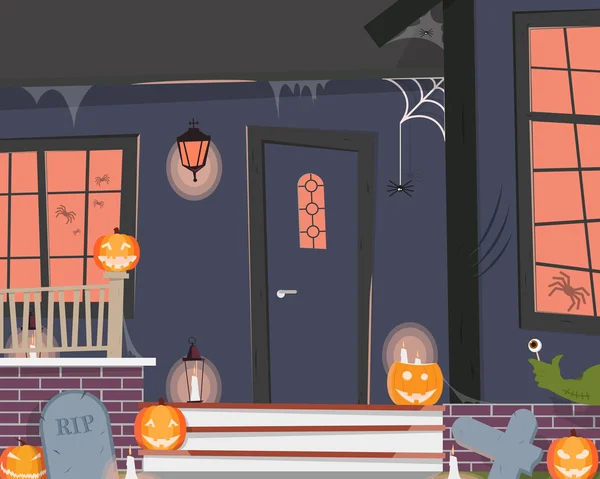 Evin girişinde görünümünü Cadılar Bayramı için dekore edilmiştir. Vektör çizim — Stok Vektör