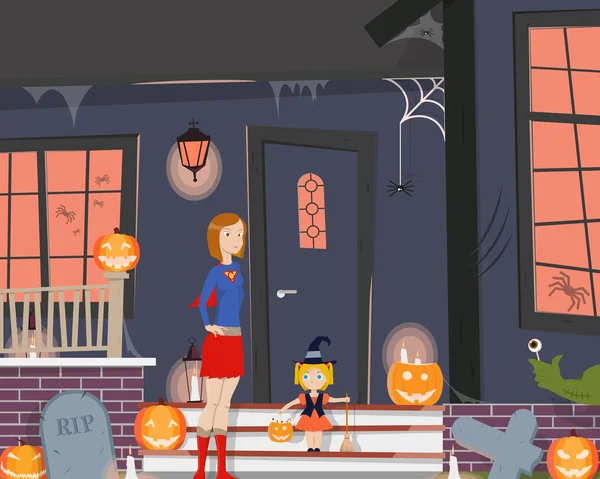 Mama z córką ubrane na Halloween, a stoisko w pobliżu wejścia do domu. Ilustracja wektorowa — Wektor stockowy