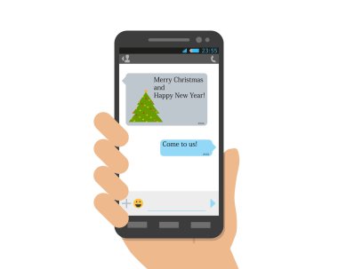 Arkadaş onun arkadaşı tatil tebrik etmek unutmadı ve telefonda yeni yıl mesajı geldi. Vektör çizim