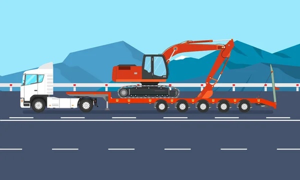 Transporte de excavadoras de larga distancia al sitio de construcción — Vector de stock