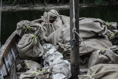 Çantaları bota yığılmış