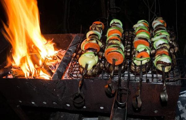 燃えるようなグリルで野菜の串焼き — ストック写真