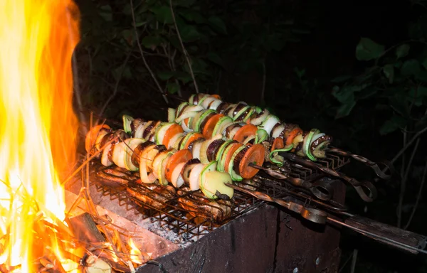 Espetos de legumes em uma grade de fogo — Fotografia de Stock