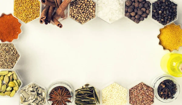 Various Spices Hexagonal Jars White Background — Stock Photo, Image
