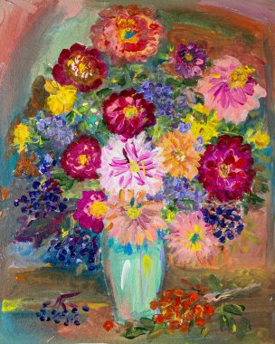Vazoda bir buket çiçek. Akrilik resim