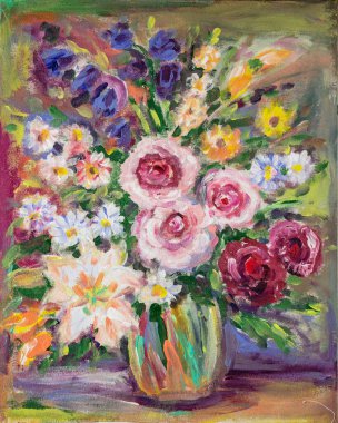Vazoda bir buket çiçek. Akrilik resim