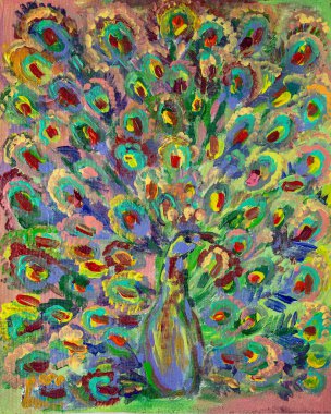 Tuval üzerinde akrilik ya da yağlı boya resim. Açık kuyruklu bir tavus kuşu