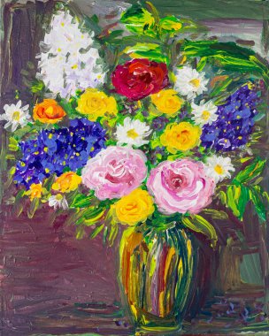 Tuval üzerinde akrilik ya da yağlı boya resim. Vazoda bir buket çiçek.