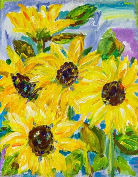 Acrylic Oil Painting Canvas Blooming Yellow Sunflowers Royalty Free Stock Photos