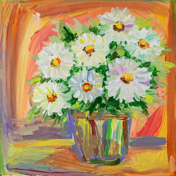 Acrylic or oil painting. Bouquet of daisies in a vase
