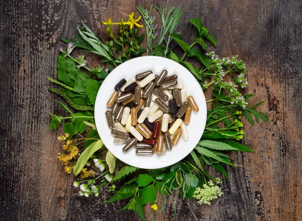 Beslenme takviyeli veya ilaçlı kapsüller ve taze şifalı bitkiler.