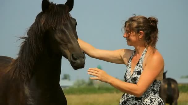 Mamma och baby med hästar på fältet — Stockvideo