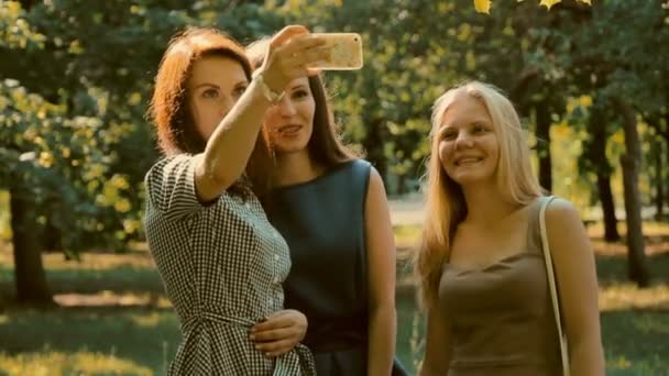 Три девушки ходят сфотографированные — стоковое видео