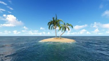  Lonely island.3D animation.Coconut or palm tree with clouds and blue sky.Travel concept. Green leaves of palmtree, white sand beach and clear blue sky on exotic tropical island