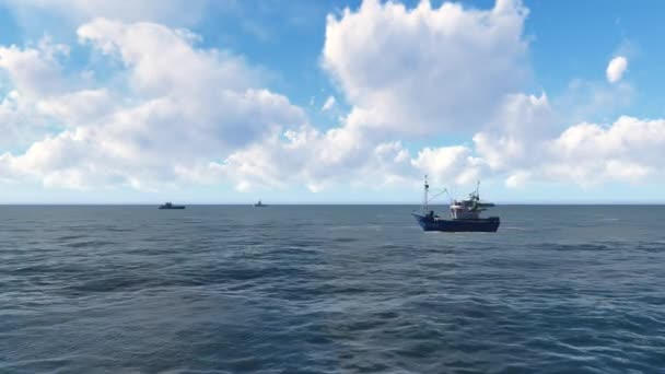 Marco de cruce de la silueta del barco de pesca durante el día. Barcos navegando en el mar durante el día — Vídeos de Stock