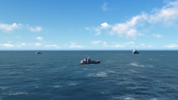 Navios navegando no mar durante o dia. Navios navegando em direções opostas. Cena de arrastões ancorados e barcos de pesca com mar e gaivotas ao fundo . — Vídeo de Stock