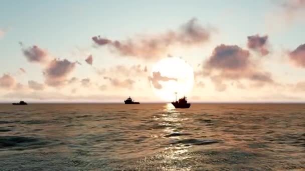 Ships at sunset on the sea. Big fisherman ships sailing on horizon at beautiful summer sunset. Ship sailing on the ocean at sunrise. Boat Sailing at Dramatic Sunset in the Tropical Sea. — Stock Video