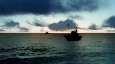 Denizde gemileri gün batımında. Büyük balıkçı güzel yaz gün batımında ufukta yelken gemi. Güneş doğarken okyanusta yelken gemisi. İzlenimci Resim Sergisi.