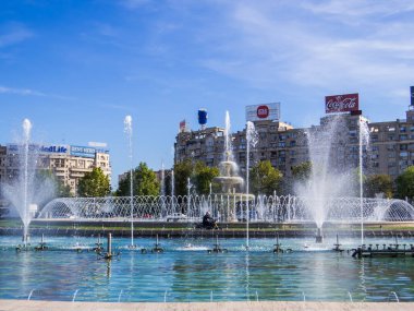 Bucharest, Romania - October 3, 2024: View of the Bucharest Fountains in Unirii Square.